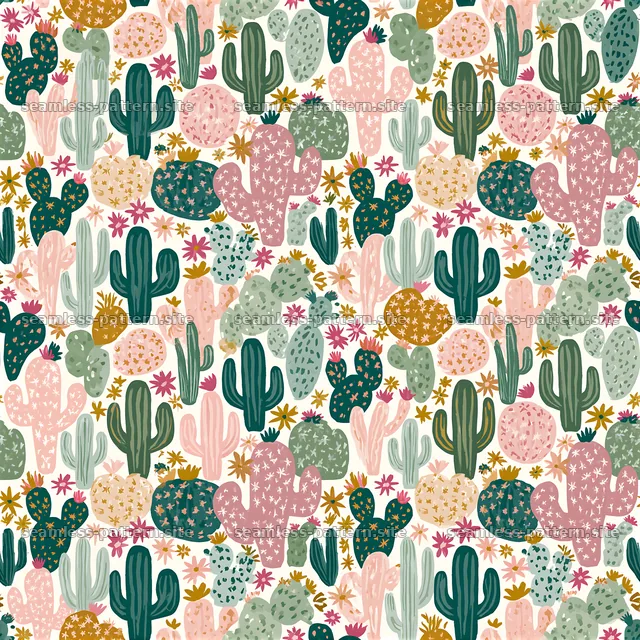 Colorful Cactus and Wildflower Seamless Pattern — seamless tileable pattern
