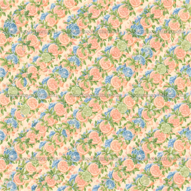 Colorful seamless pattern of citrus fruits with green leaves — seamless tileable pattern