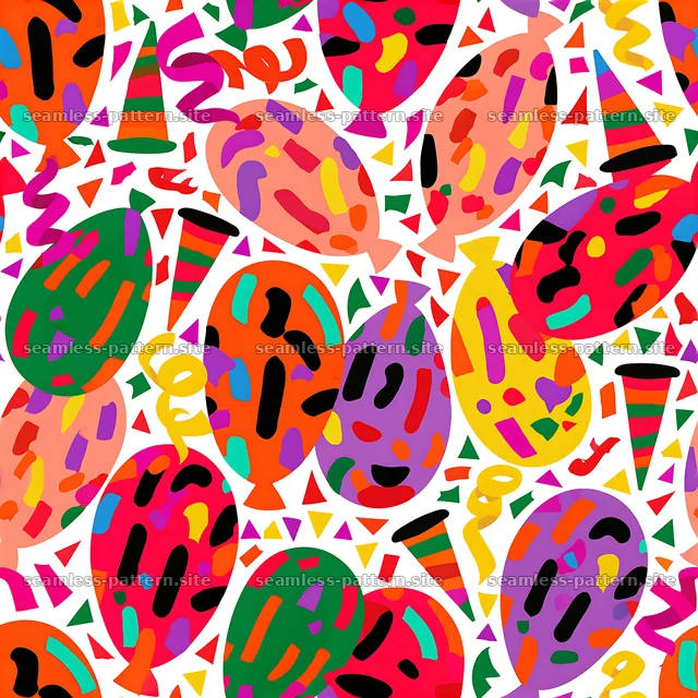 Colorful festive pattern with balloons and party hats — seamless tileable pattern