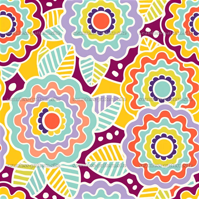 Colorful floral design with circles and leaves in a repeating pattern — seamless tileable pattern