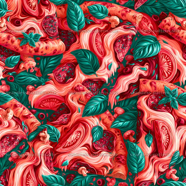 Colorful slices of pizza surrounded by fresh ingredients and herbs — seamless tileable pattern