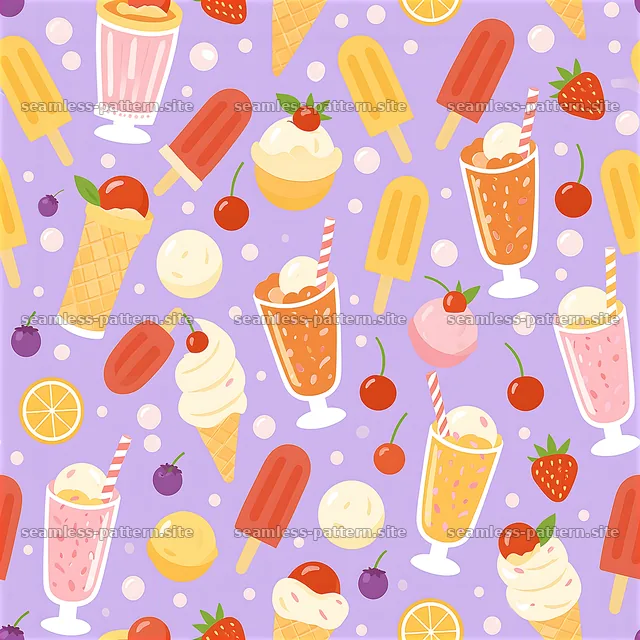 Colorful ice cream cones and treats on a purple background — seamless tileable pattern