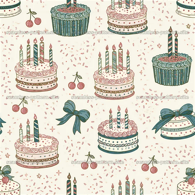 Colorful cake pattern with candles and cherries for celebrations — seamless tileable pattern