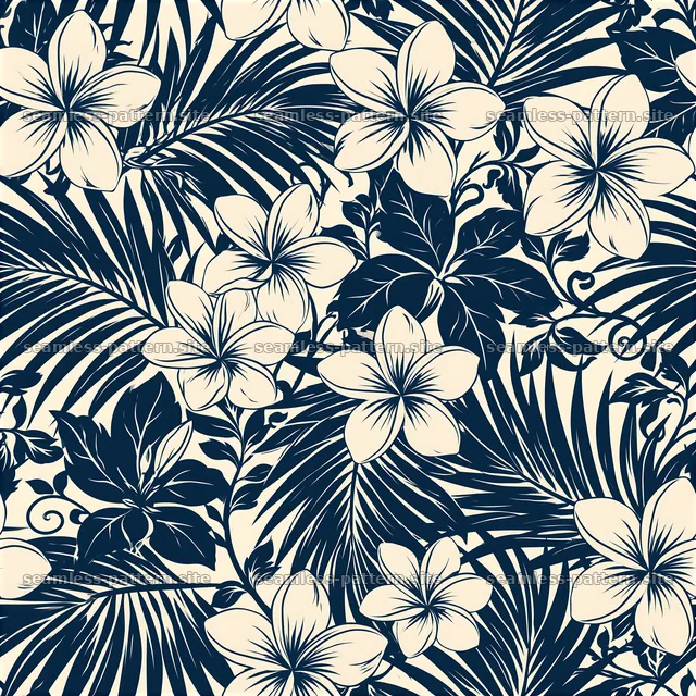 Tropical flower tileable pattern with leaves and floral elements — seamless tileable pattern