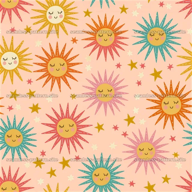 Colorful smiling sun and star seamless pattern — seamless tileable pattern