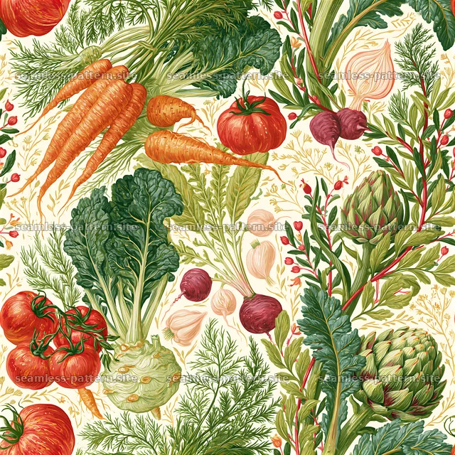 Vibrant vegetables form a colorful design for kitchen decor — seamless tileable pattern