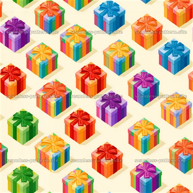 Tileable pattern with rainbow gift packages in a bright setting — seamless tileable pattern