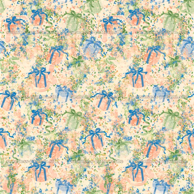 Birthday Presents Seamless Pattern with Ribbons and Confetti — seamless tileable pattern
