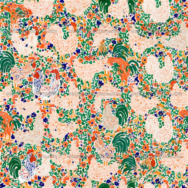 Colorful pattern featuring chickens and floral designs — seamless tileable pattern