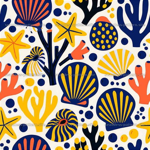 Colorful Hand Painted Nautical Shell and Coral Pattern — seamless tileable pattern