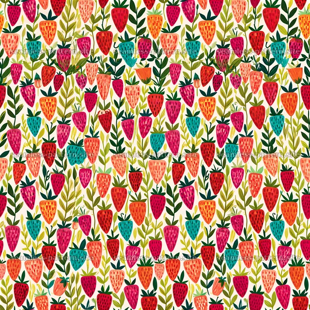 Colorful strawberry pattern with green leaves on light bg — seamless tileable pattern
