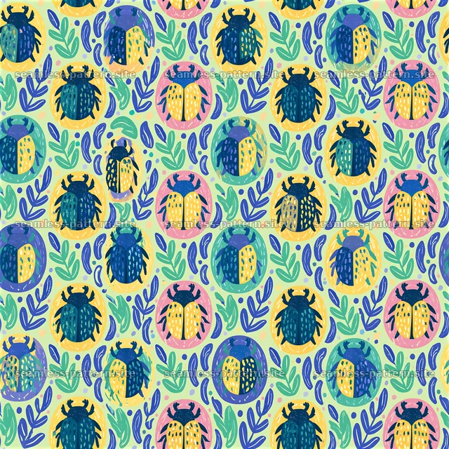 Vibrant beetles and leaves seamless pattern — seamless tileable pattern