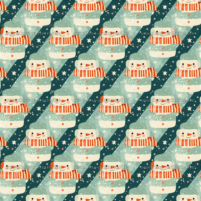 Snowman pattern with colorful scarves for festive design projects — seamless tileable pattern