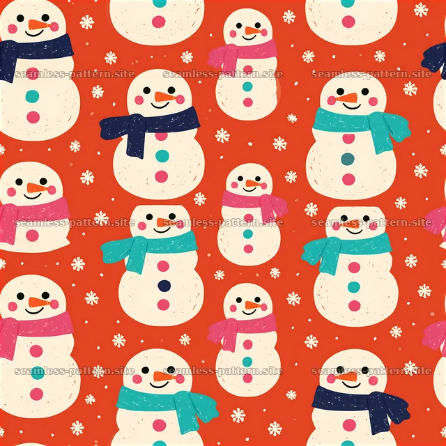 Cute Snowman Seamless Pattern with Colorful Scarves — seamless tileable pattern