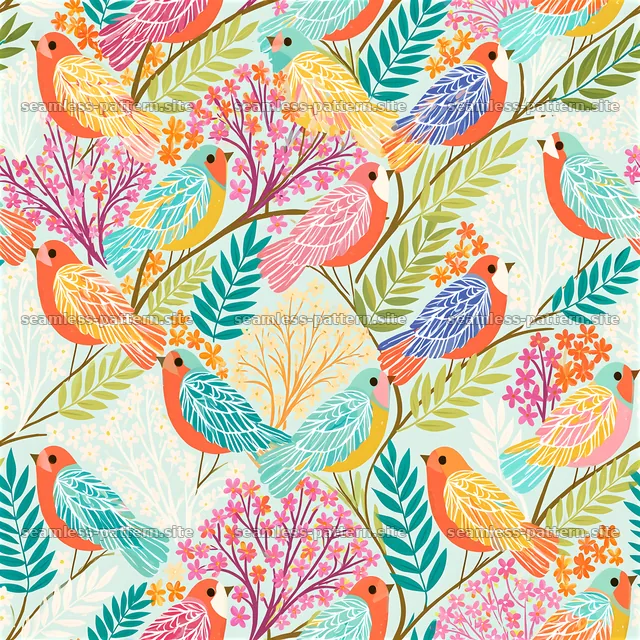 Colorful Watercolor Bird and Floral Seamless Pattern — seamless tileable pattern