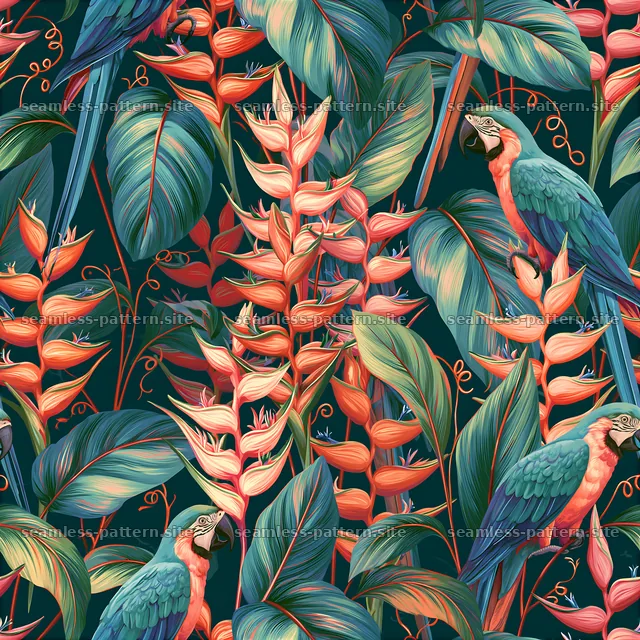 Colorful pattern with tropical plants and parrots in a repeat layout — seamless tileable pattern