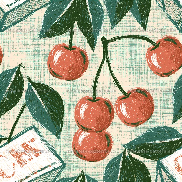 Retro cherries and leaves seamless pattern — seamless tileable pattern