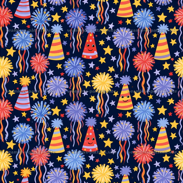 Birthday Party Hats and Fireworks Seamless Pattern — seamless tileable pattern