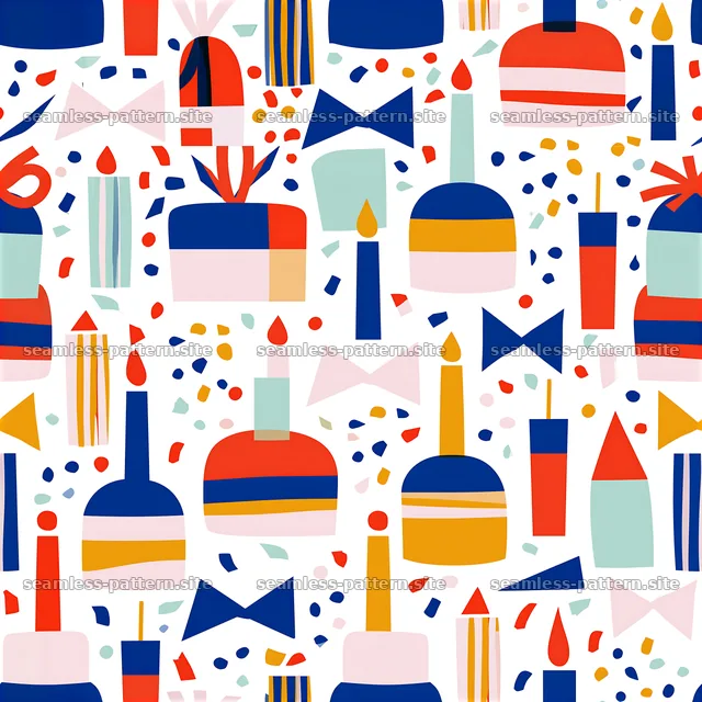 Birthday children’s clothing repeat pattern with cakes and gifts — seamless tileable pattern