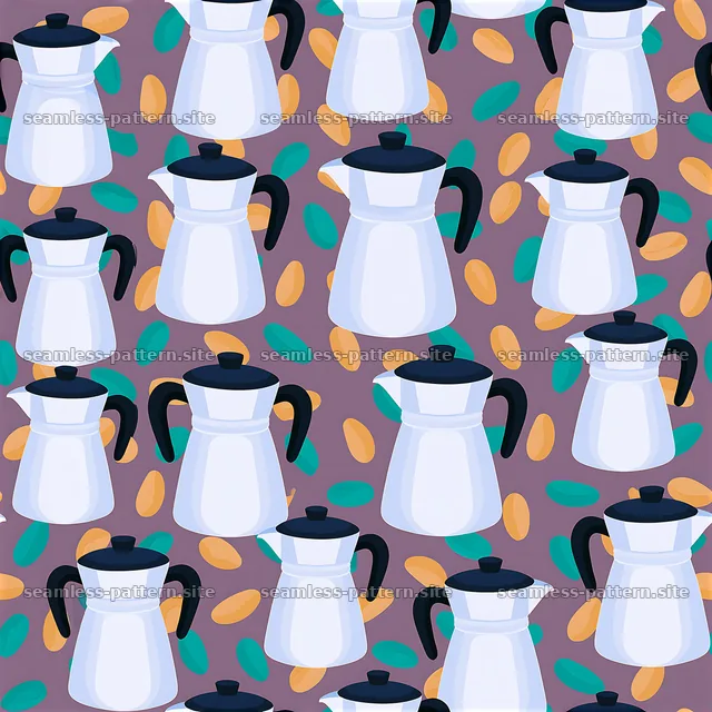 Seamless coffee carafe pattern with colorful coffee beans — seamless tileable pattern