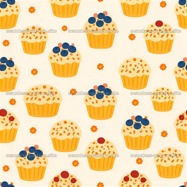 Cute cupcake seamless pattern with berries and sprinkles — seamless tileable pattern