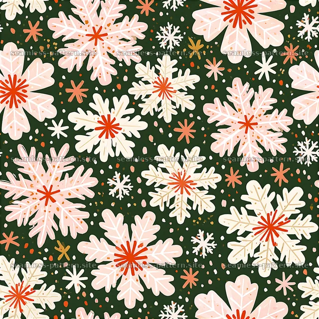 Festive snowflake pattern with floral designs on dark background — seamless tileable pattern