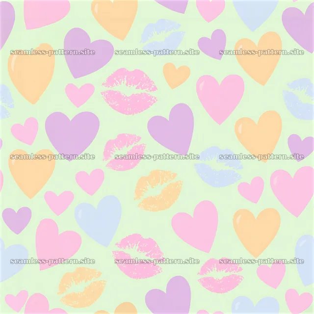 Seamless pattern with lipstick stamps and pastel hearts — seamless tileable pattern