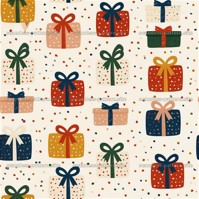 Repeat pattern with bows and presents in bright colors — seamless tileable pattern