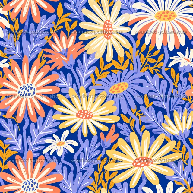 Colorful floral seamless pattern with daisies and leaves — seamless tileable pattern
