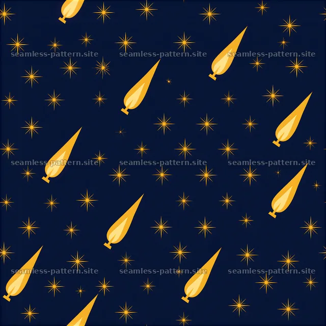 Golden candle flames and starbursts on navy seamless pattern — seamless tileable pattern