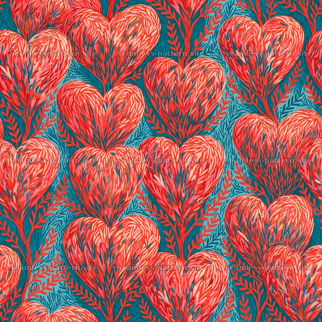 Seamless Folk Art Heart Pattern with Coral Botanicals — seamless tileable pattern