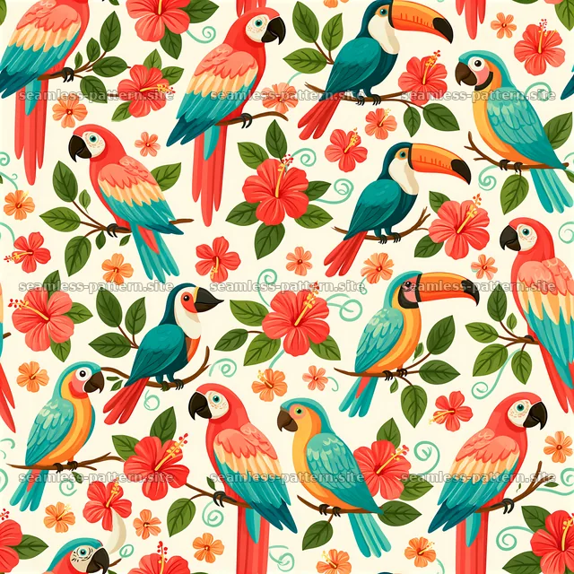 Bright tropical birds seamless pattern with vibrant flowers and leaves — seamless tileable pattern