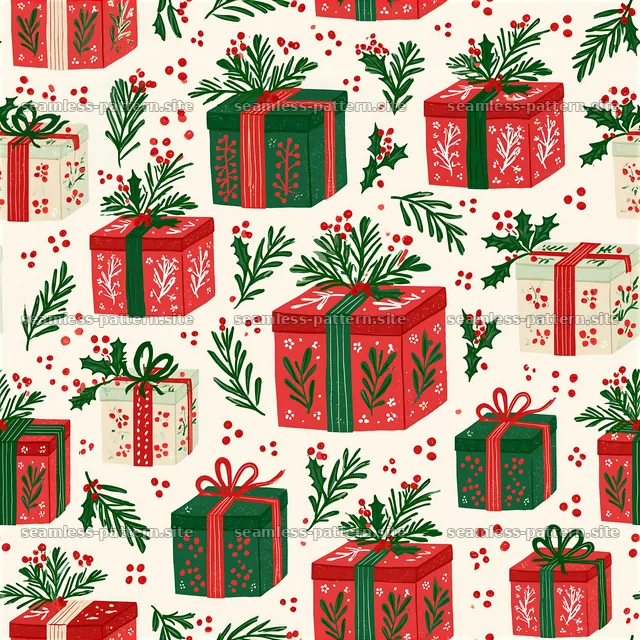 Bright pattern with colorful gift boxes and holiday elements — seamless tileable pattern