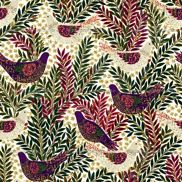 Olive Branches and Colorful Doves Seamless Pattern — seamless tileable pattern