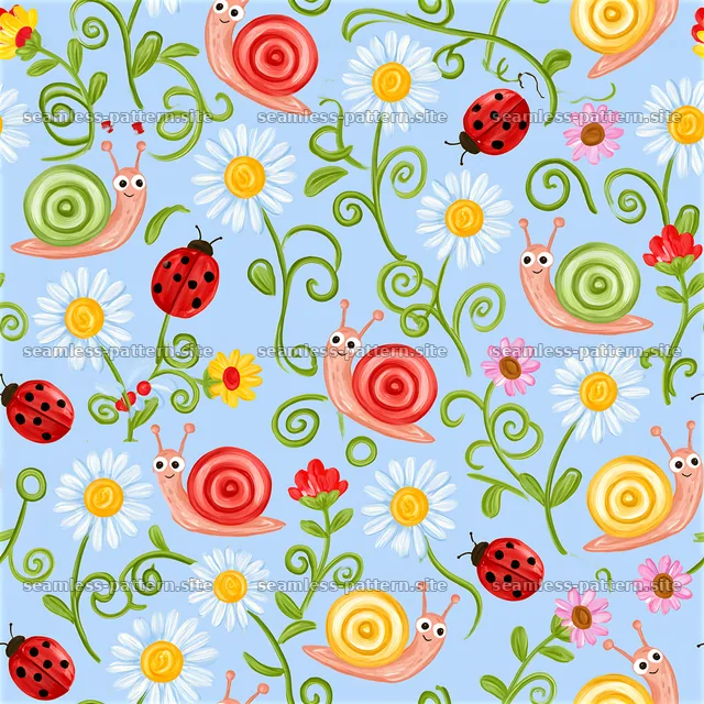 Colorful Hand Painted Snail and Garden Insect Pattern — seamless tileable pattern