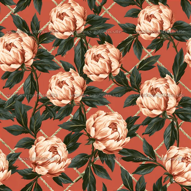Peony repeat pattern on coral background with green leaves and lines — seamless tileable pattern