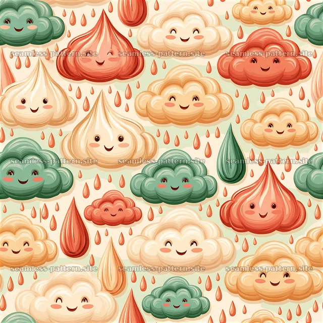 Cute smiling rain cloud and raindrop pattern — seamless tileable pattern