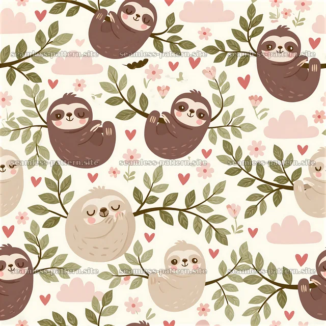 Cute sloths and flowers create a playful seamless pattern — seamless tileable pattern