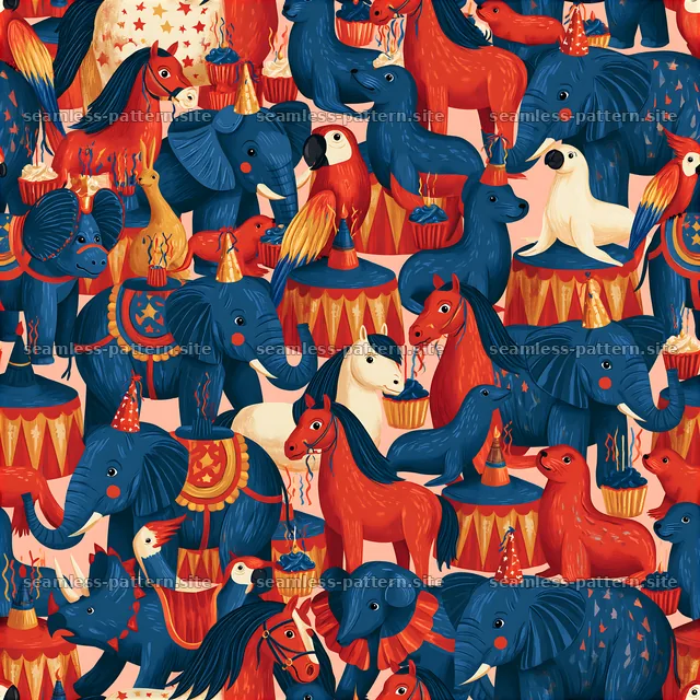 Colorful animals in a festive setting for celebration designs — seamless tileable pattern