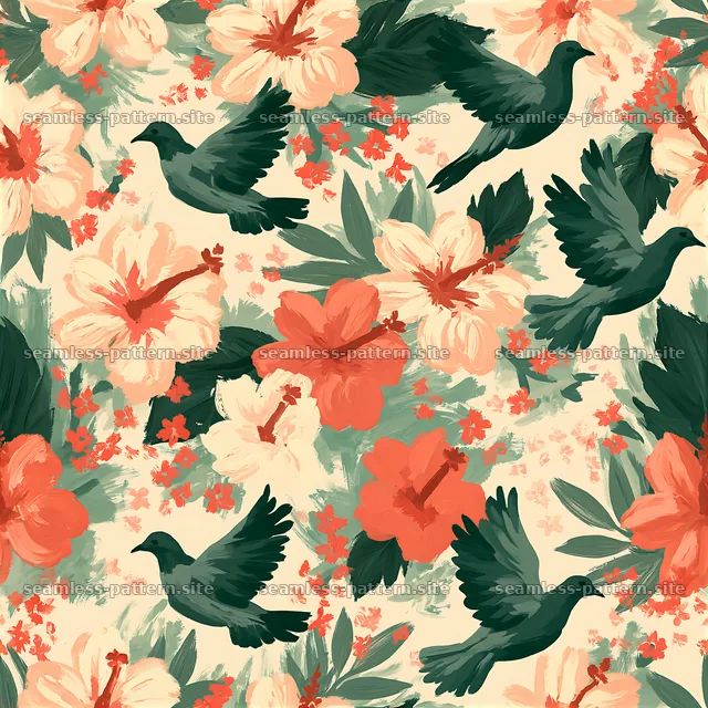 Dove silhouettes and hand-painted floral seamless pattern — seamless tileable pattern