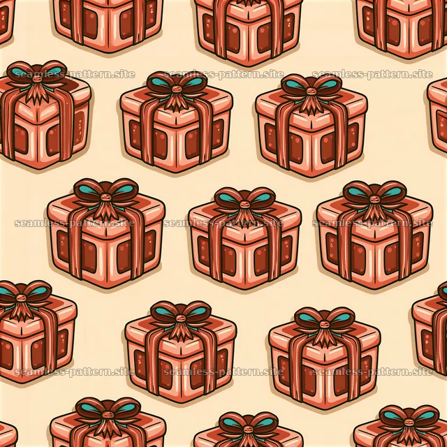 Repeating coral gift box pattern with decorative bows — seamless tileable pattern
