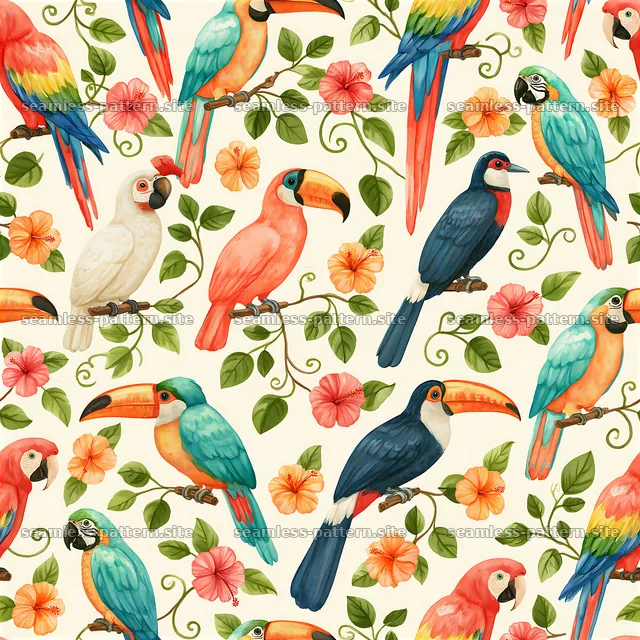 Bright tropical birds seamless pattern with flowers and leaves — seamless tileable pattern