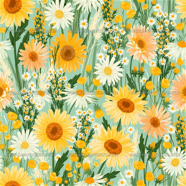 Meadow flower seamless pattern with bright blooms and green stems — seamless tileable pattern