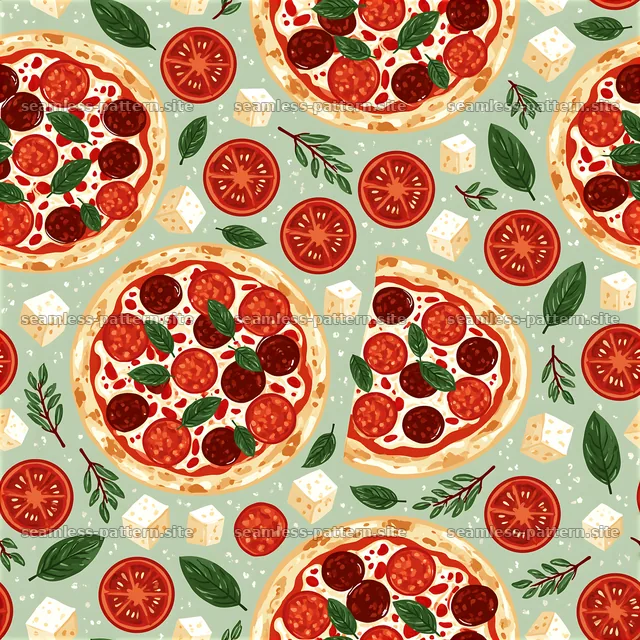 Seamless pizzeria food pattern with pizza, tomatoes, and cheese — seamless tileable pattern
