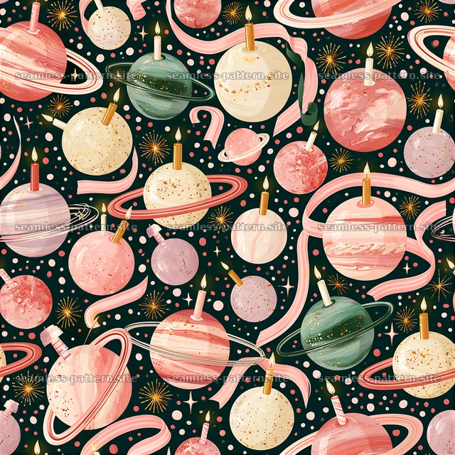 Colorful planets with candles in a seamless pattern for celebrations — seamless tileable pattern