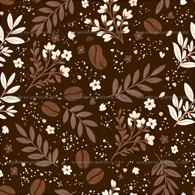 Floral and coffee bean seamless pattern in brown tones — seamless tileable pattern