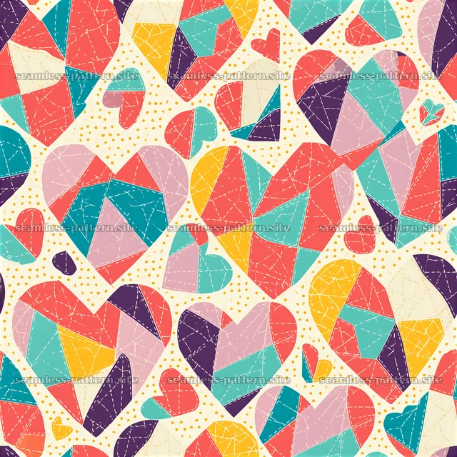 Colorful heart shapes in a patchwork design on a light background — seamless tileable pattern