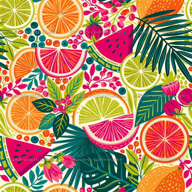 Colorful Tropical Fruit and Foliage Seamless Pattern — seamless tileable pattern
