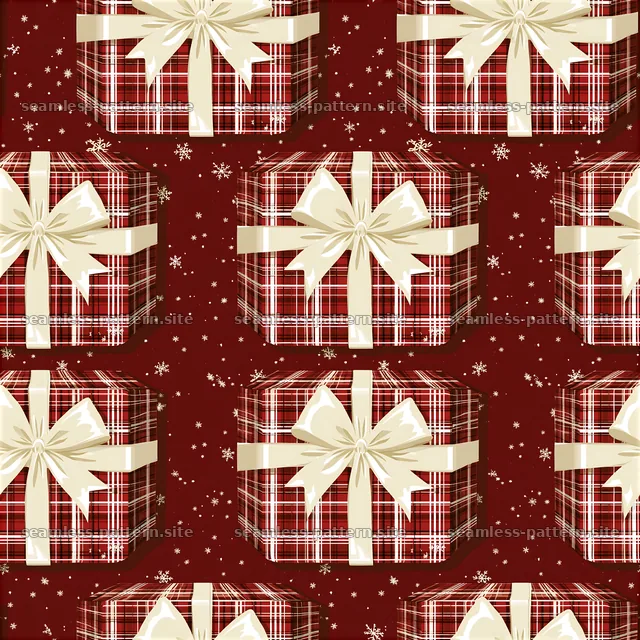 Repeat pattern of red plaid holiday parcels with bows — seamless tileable pattern