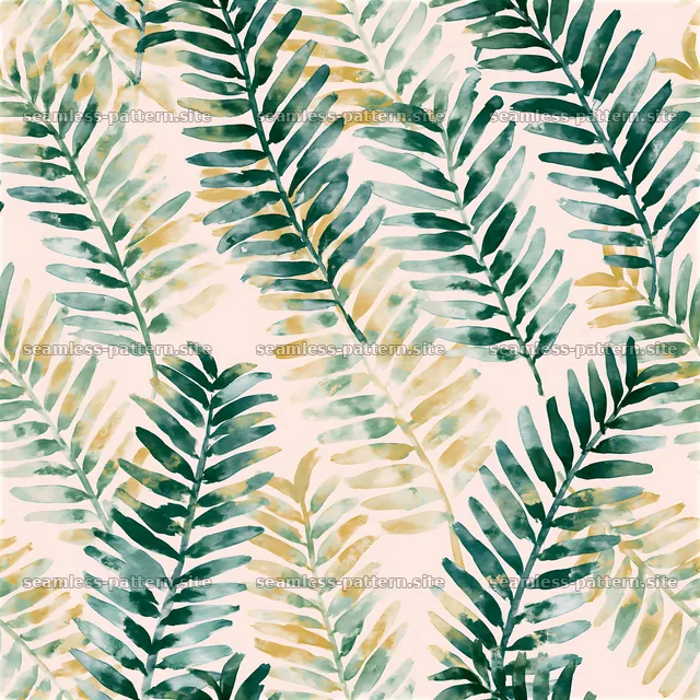 Seamless watercolor fern pattern with green and yellow leaves on — seamless tileable pattern